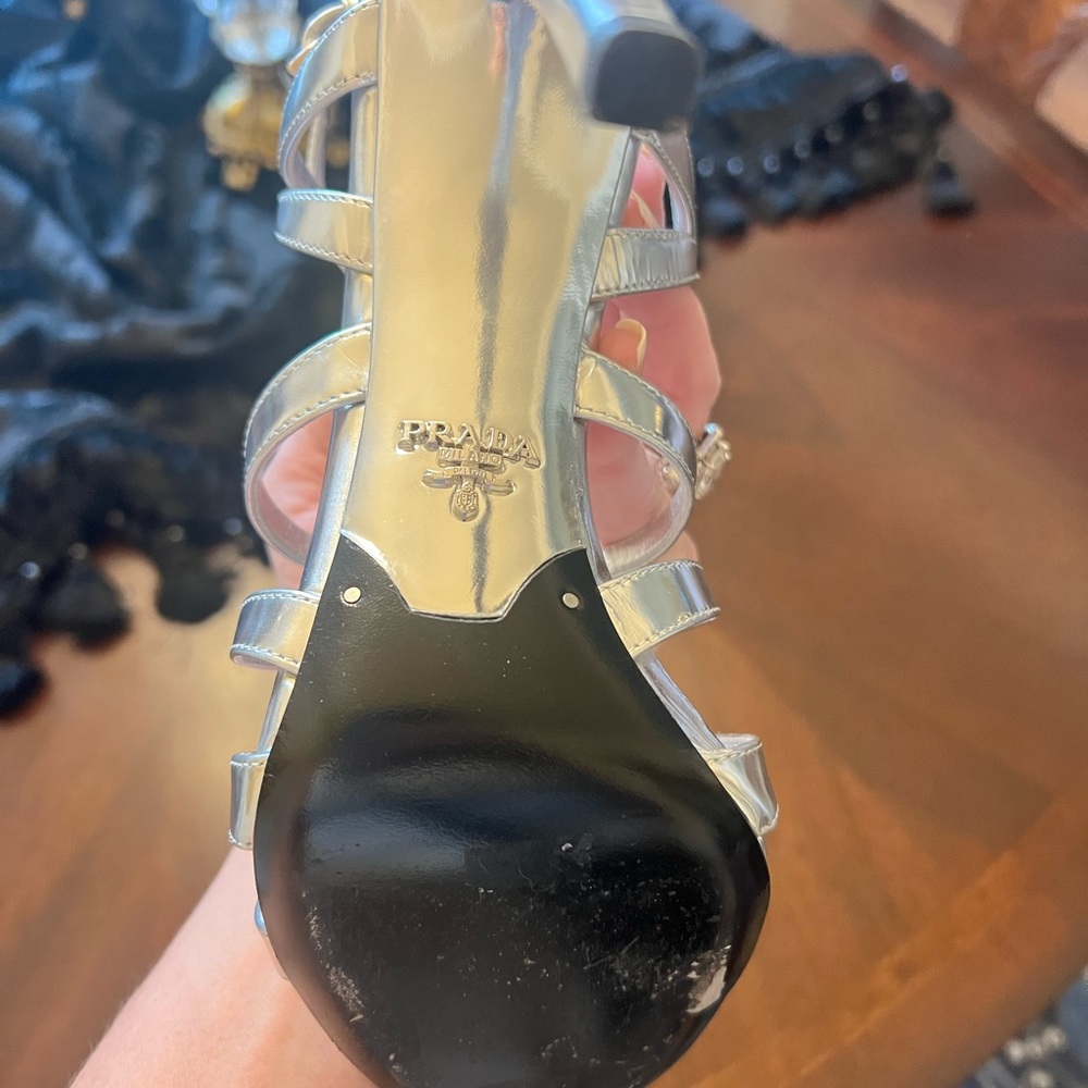 Gently used Prada silver sandal heels. Size 9. - Picture 7 of 9